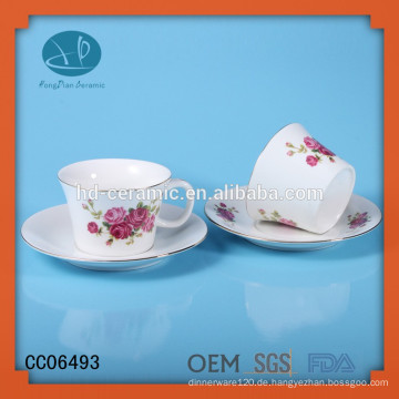 Druck Tee-Set, mordern Tasse und Untertasse mit Blumen-Design, Kaffee Teetasse und Untertasse mit Goldrand